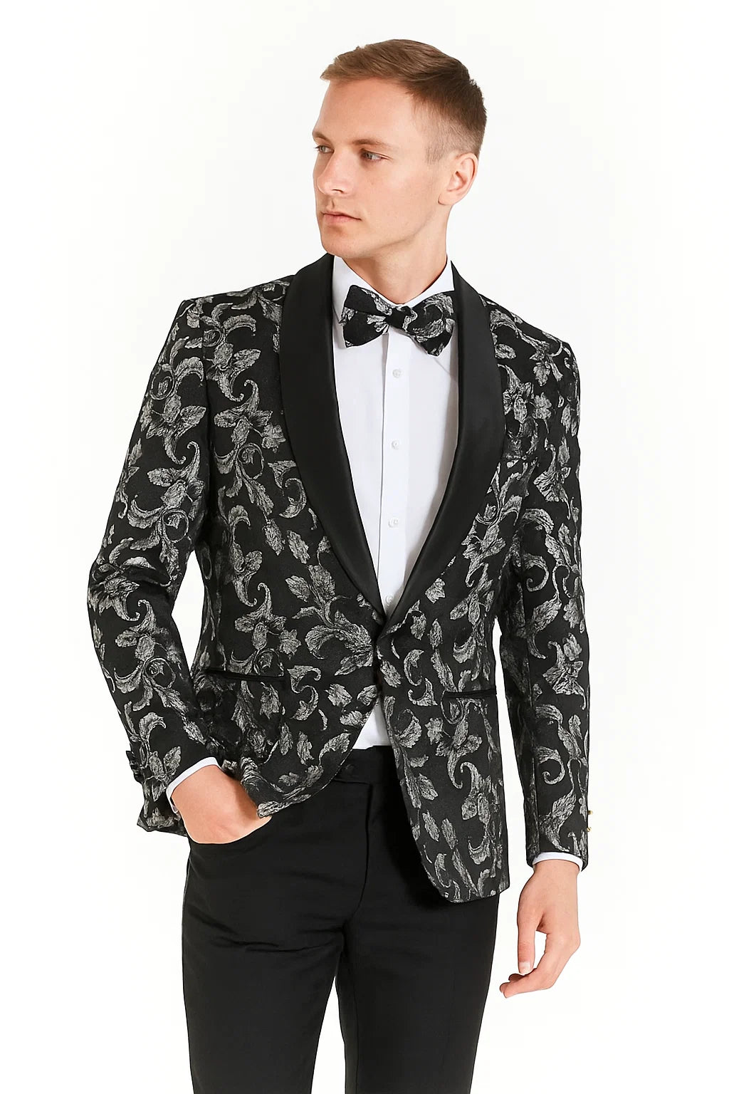 Big And Tall Tuxedo Paisley Tuxedo Sparkling Blazer - Black and White Floral Sport Coat - Image 2