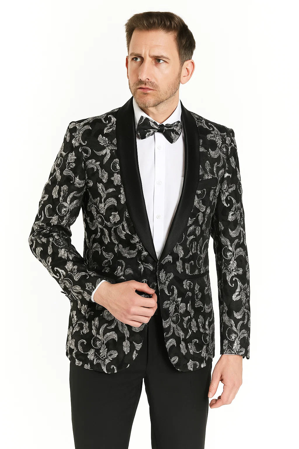 Big And Tall Tuxedo Paisley Tuxedo Sparkling Blazer - Black and White Floral Sport Coat - Image 3