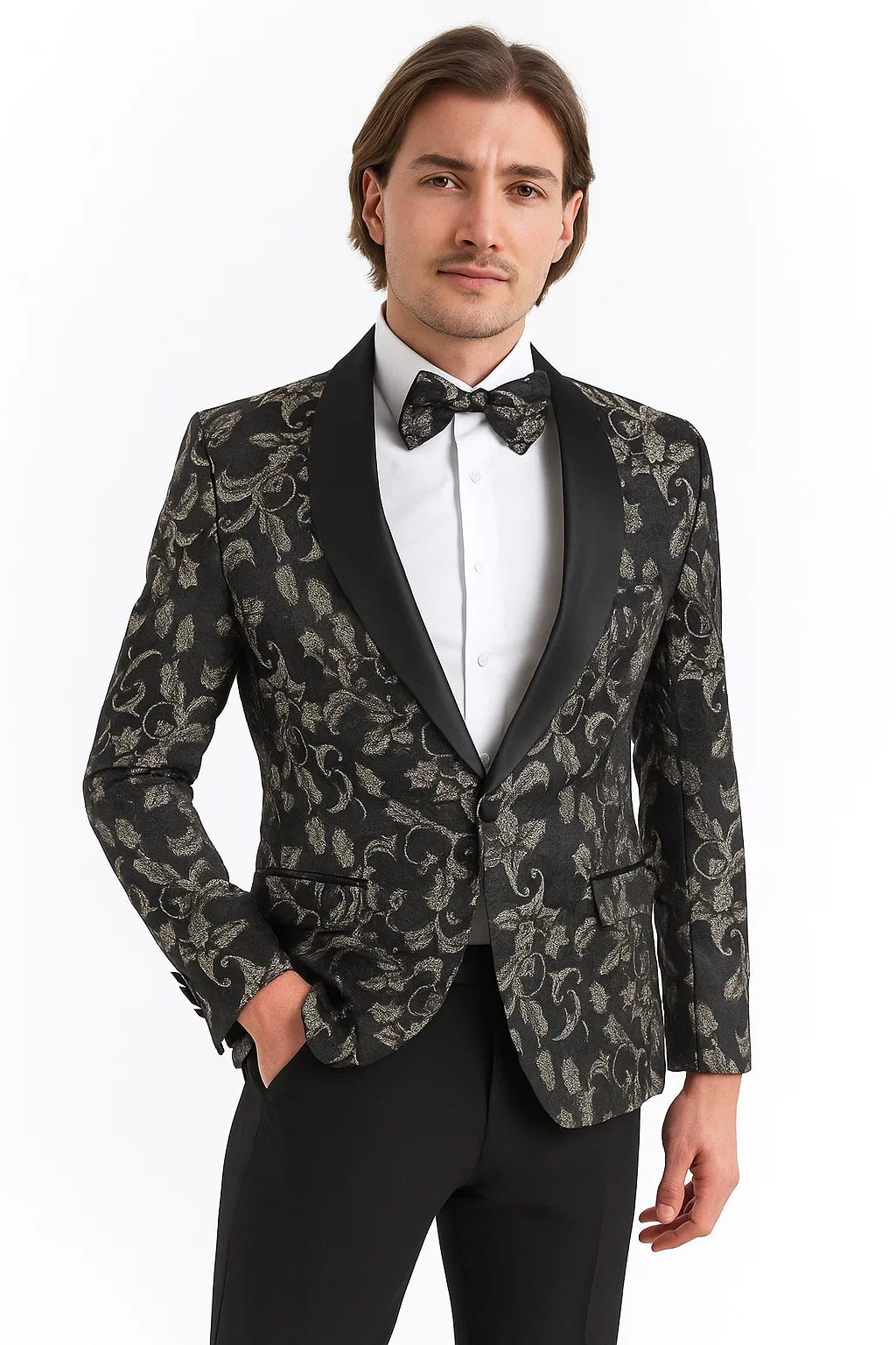 Big And Tall Tuxedo Paisley Tuxedo Sparkling Blazer - Black and White Floral Sport Coat - Image 4