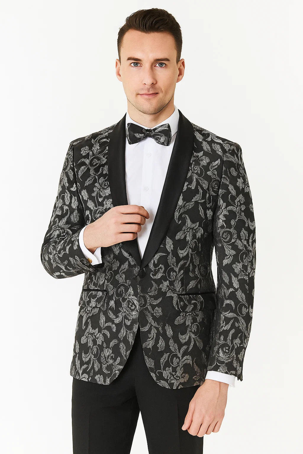 Big And Tall Tuxedo Paisley Tuxedo Sparkling Blazer - Black and White Floral Sport Coat - Image 5