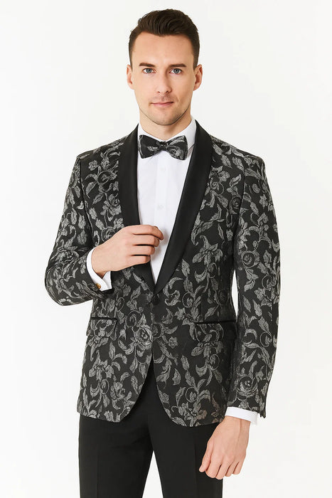 Big And Tall Tuxedo Paisley Tuxedo Sparkling Blazer - Black and White Floral Sport Coat