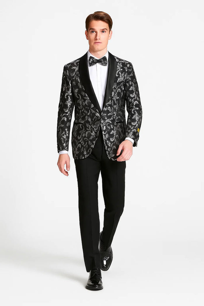 Big And Tall Tuxedo Paisley Tuxedo Sparkling Blazer - Black and White Floral Sport Coat - Image 6