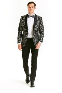 Big And Tall Tuxedo Paisley Tuxedo Sparkling Blazer - Black and White Floral Sport Coat