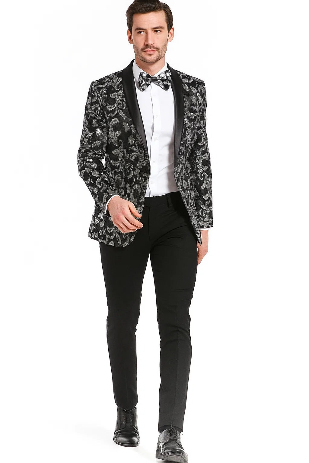 Big And Tall Tuxedo Paisley Tuxedo Sparkling Blazer - Black and White Floral Sport Coat - Image 8