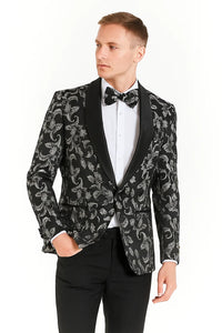 Big And Tall Tuxedo Paisley Tuxedo Sparkling Blazer - Black and White Floral Sport Coat