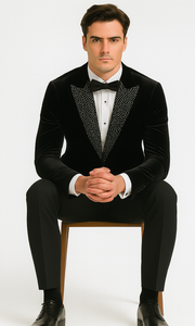 Big and Tall Velvet Blazer in Color Black  - Sportcoat  Rhinestone-Embedded  Stacy Adams $179