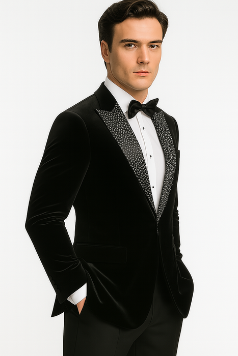 Big and Tall Velvet Blazer in Color Black  - Sportcoat  Rhinestone-Embedded  Stacy Adams $179