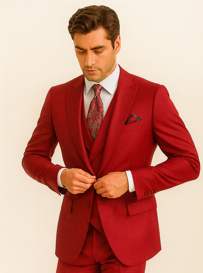 Big Lapel - Wide Lapel - Tom Ford Style Suit - Ticket Pocket - Red - Image 3