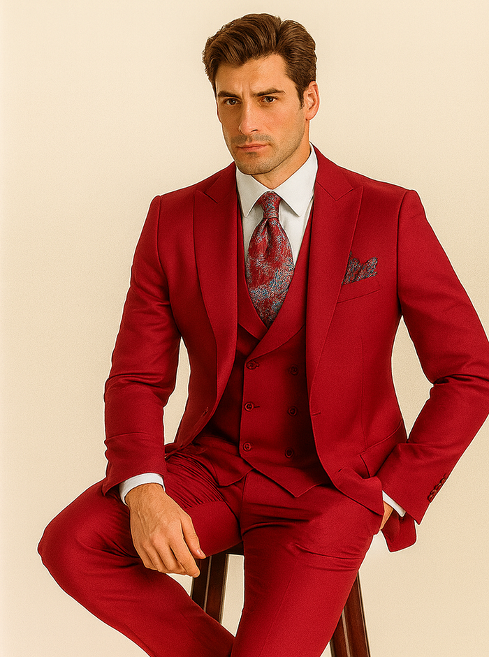 Big Lapel - Wide Lapel - Tom Ford Style Suit - Ticket Pocket - Red - Image 5