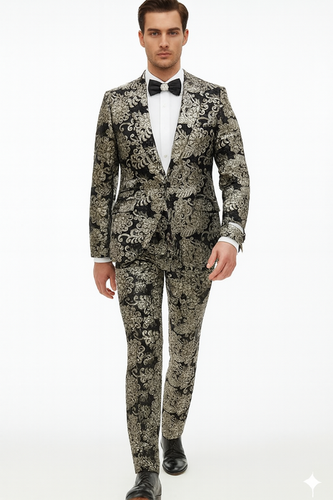 Black and Gold and Silver Sequin Suit - Shiny Prom Tuxedo Slim Fit Suit