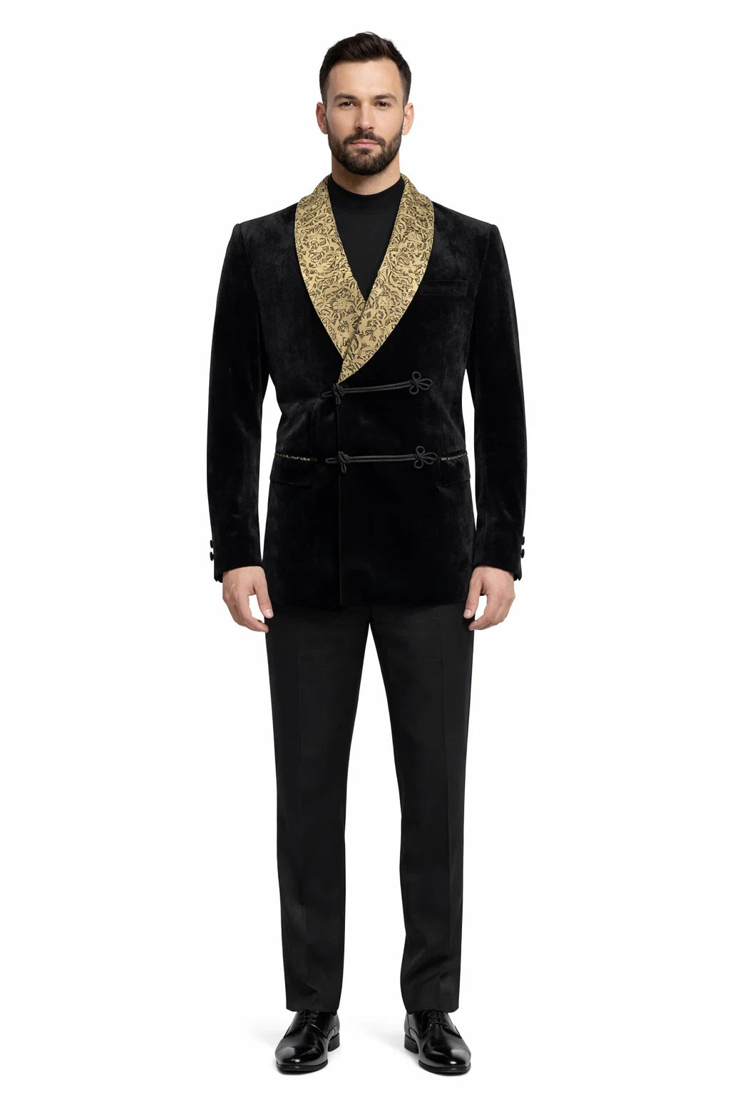 Black and Gold Velvet Smoking Jacket - Mens Black Blazer
