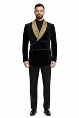 Black and Gold Velvet Smoking Jacket - Mens Black Blazer
