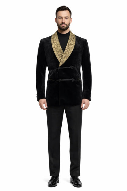 Black and Gold Velvet Smoking Jacket - Mens Black Blazer