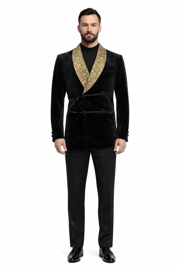 Black and Gold Velvet Smoking Jacket - Mens Black Blazer