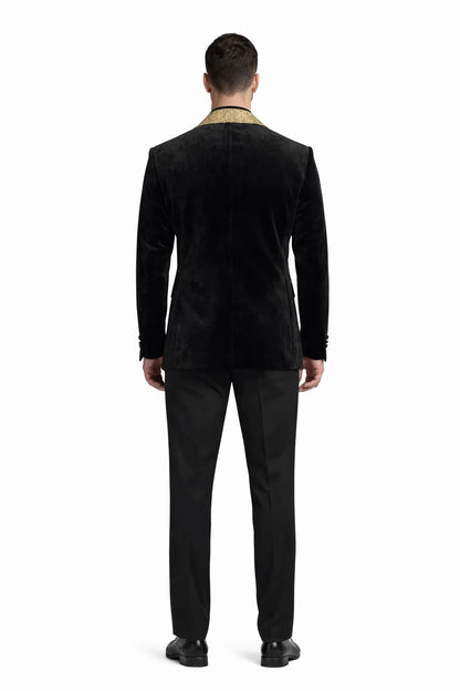 Black and Gold Velvet Smoking Jacket - Mens Black Blazer - Image 2