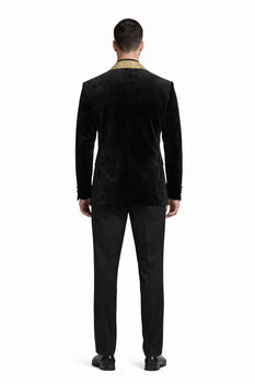 Black and Gold Velvet Smoking Jacket - Mens Black Blazer - Image 2