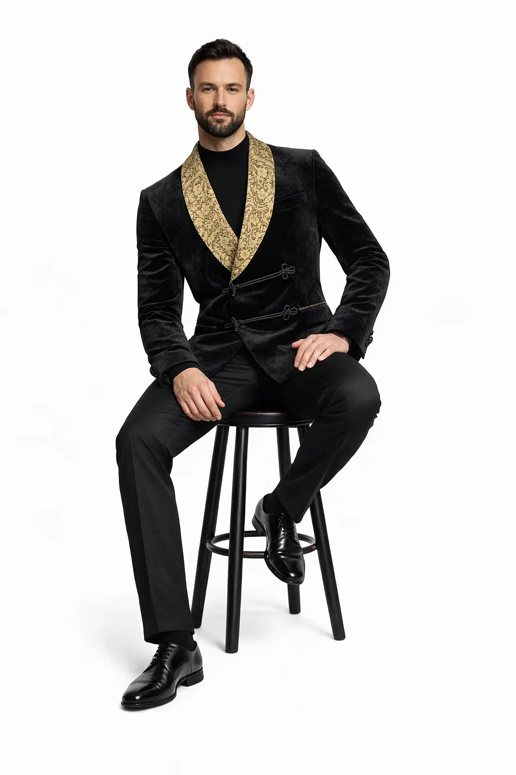 Black and Gold Velvet Smoking Jacket - Mens Black Blazer - Image 3