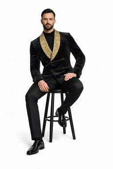 Black and Gold Velvet Smoking Jacket - Mens Black Blazer - Image 3