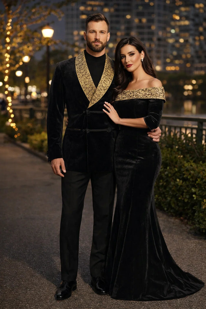 Black and Gold Velvet Smoking Jacket - Mens Black Blazer - Image 4