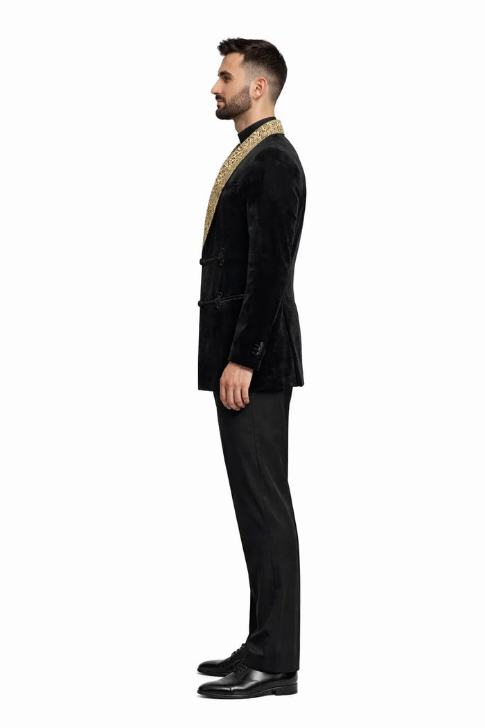 Black and Gold Velvet Smoking Jacket - Mens Black Blazer - Image 7