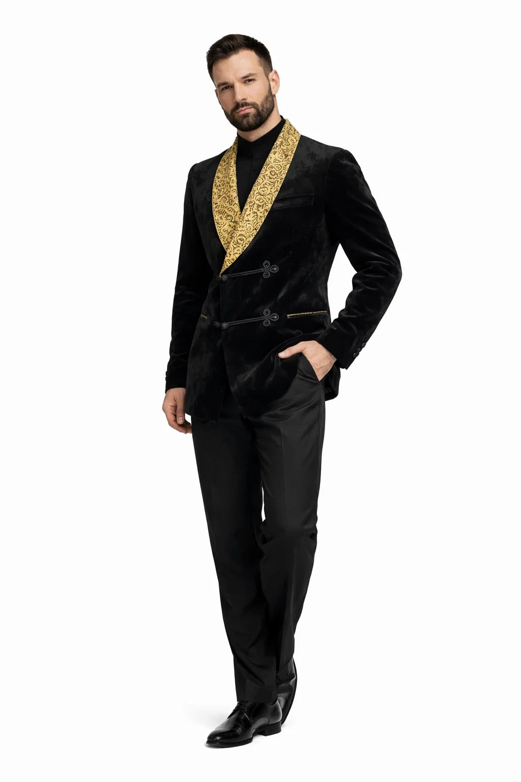 Black and Gold Velvet Smoking Jacket - Mens Black Blazer - Image 8