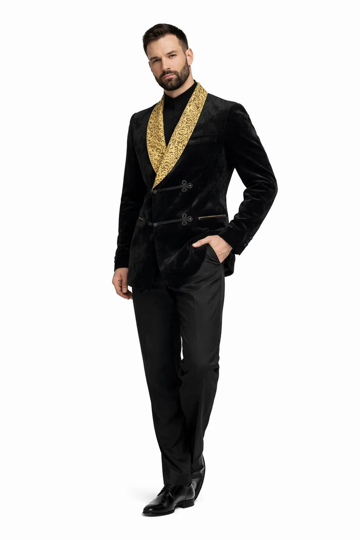 Black and Gold Velvet Smoking Jacket - Mens Black Blazer - Image 8