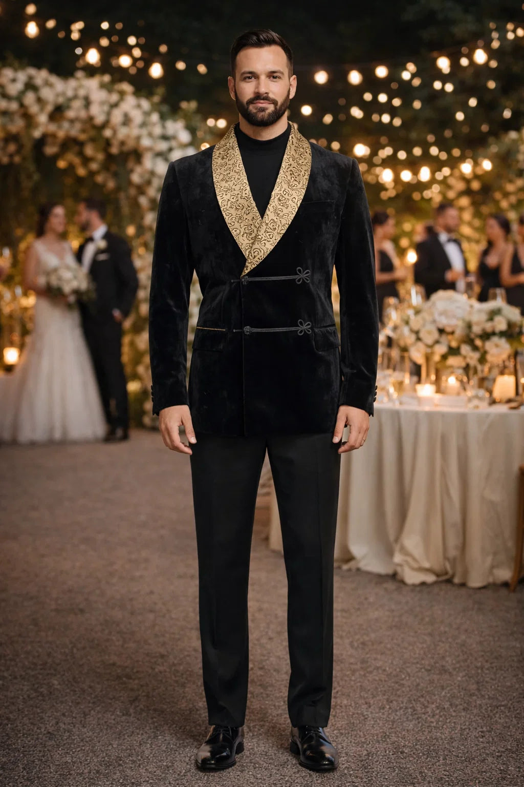 Black and Gold Velvet Smoking Jacket - Mens Black Blazer - Image 6