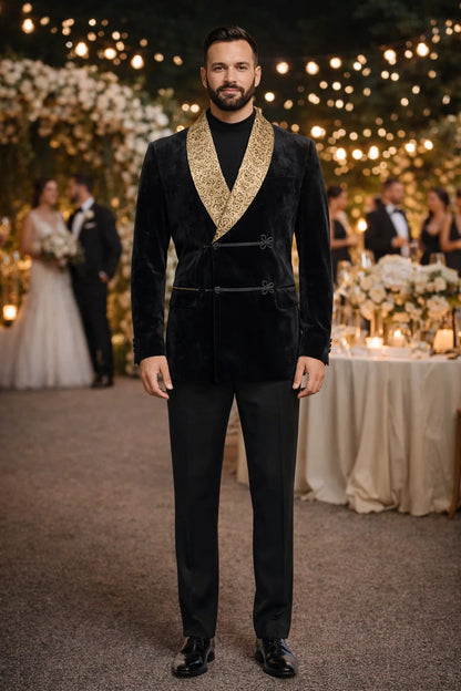 Black and Gold Velvet Smoking Jacket - Mens Black Blazer - Image 6