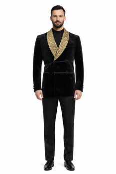 Black and Gold Velvet Smoking Jacket - Mens Black Blazer
