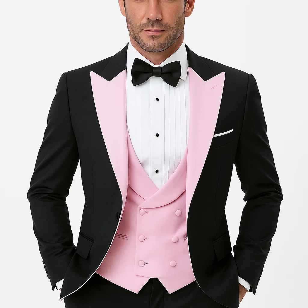 pink dress shirt black vest Street Style!
