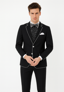 Black and White Trim Lapel Tuxedo Suit