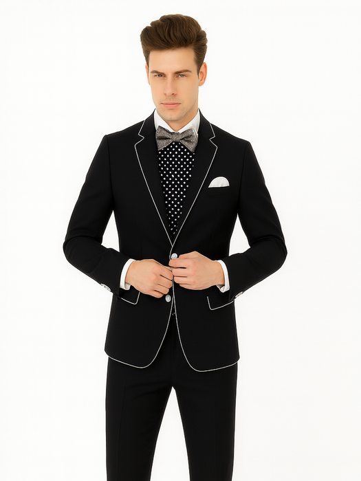 Black and White Trim Lapel Tuxedo Suit