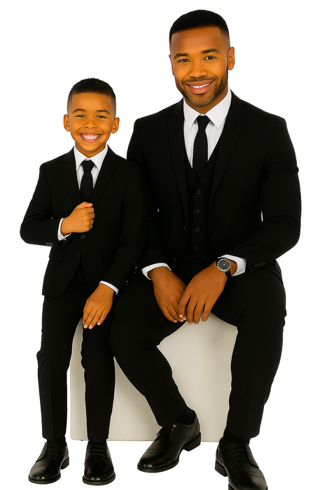 Father and Son Suits - Black Boys Suit Perry Ellis Vested Boy's Wedding Suit in Black