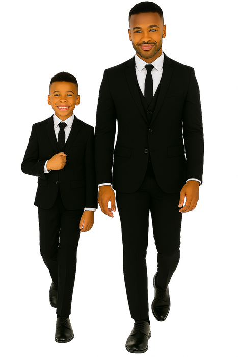 Father and Son Suits - Black Boys Suit Perry Ellis Vested Boy's Wedding Suit in Black