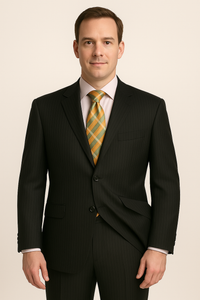 Black Almost Very Dark Gray Wiht Light Gray Pinstripe 100% Worsted Wool Available In 2 Or 3 Buttons Style Regular Classic Cut Cheap Priced Business Suits Clearance Sale