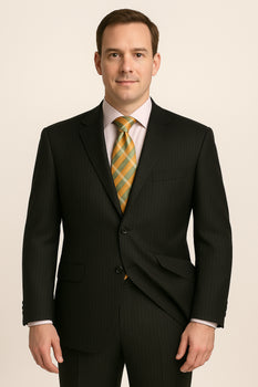 Black Almost Very Dark Gray Wiht Light Gray Pinstripe 100% Worsted Wool Available In 2 Or 3 Buttons Style Regular Classic Cut Cheap Priced Business Suits Clearance Sale