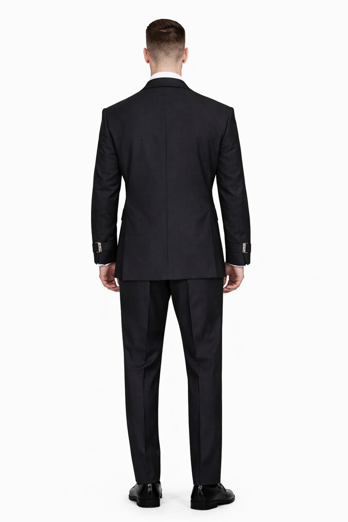 Men’s Black Double Breasted Wool Suit with Metal Buckle Closure Modern Fit