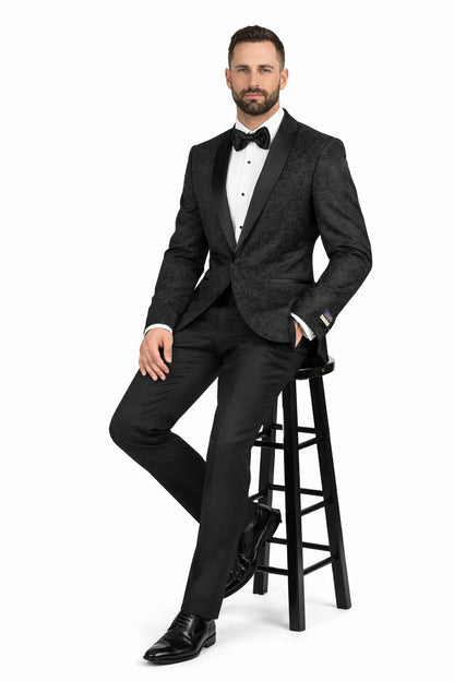 Men's Black Super 150's Viscose Blend 1 Button Tuxedo Floral Pattern  Dinner Jacket - Image 4