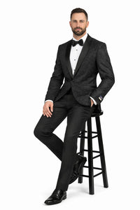 Men's Black Super 150's Viscose Blend 1 Button Tuxedo Floral Pattern  Dinner Jacket