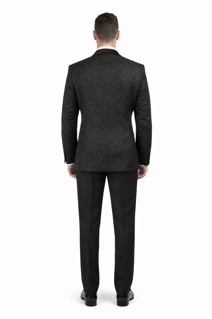 Men's Black Super 150's Viscose Blend 1 Button Tuxedo Floral Pattern  Dinner Jacket - Image 2