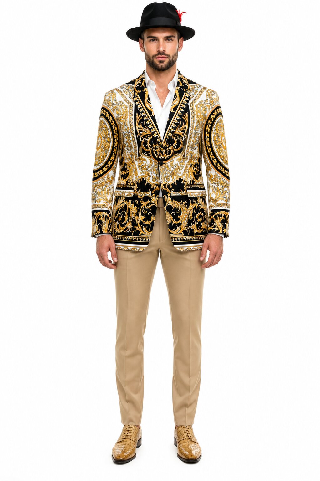 Men’s Black and Gold Baroque Blazer with Matching Pants, Hat, and Shoes – Luxury Party and Wedding Outfit Set