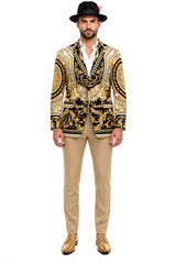Men’s Black and Gold Baroque Blazer with Matching Pants, Hat, and Shoes – Luxury Party and Wedding Outfit Set