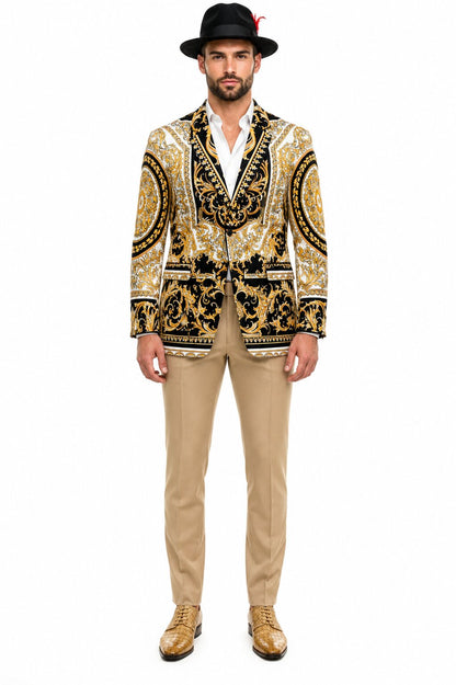 Men’s Black and Gold Baroque Blazer with Matching Pants, Hat, and Shoes – Luxury Party and Wedding Outfit Set