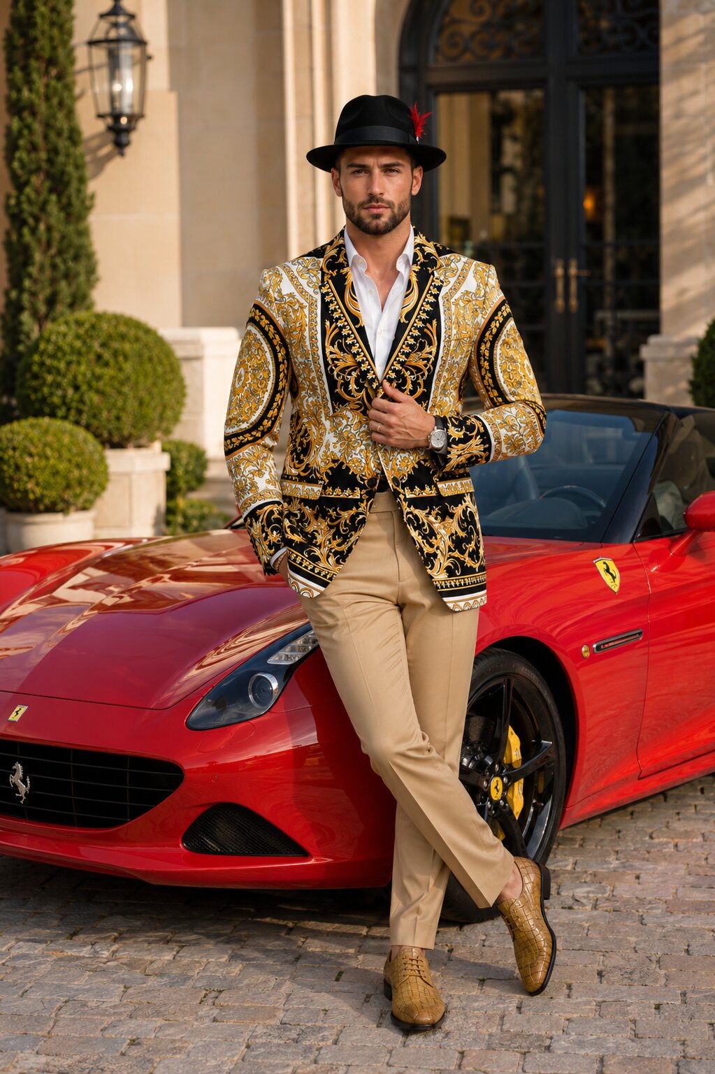 Men’s Black and Gold Baroque Blazer with Matching Pants, Hat, and Shoes – Luxury Party and Wedding Outfit Set