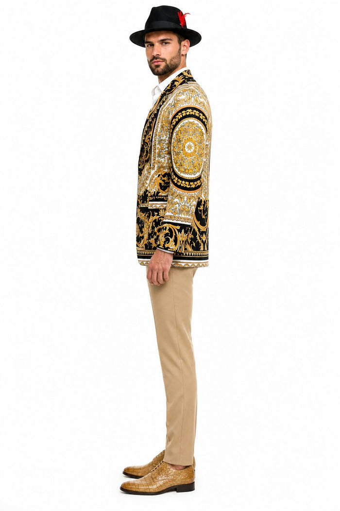Men’s Black and Gold Baroque Blazer with Matching Pants, Hat, and Shoes – Luxury Party and Wedding Outfit Set