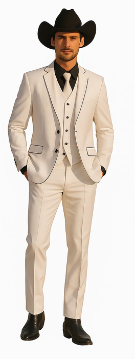 Black Lapel Two Toned Men'S 2 Buttons 3 Piece Church Suit White Tuxedo With Black Trim - Three Piece Suit