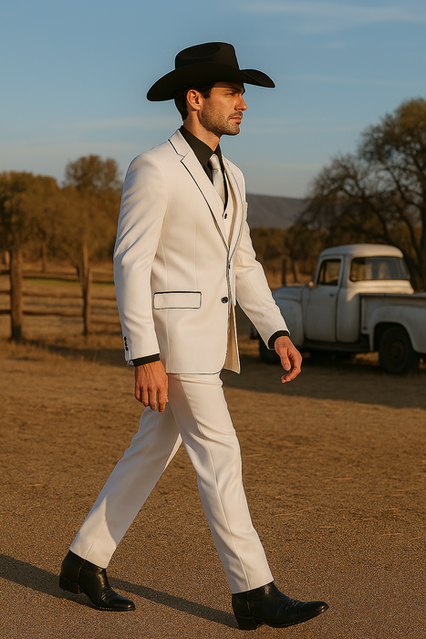 Black Lapel Two Toned Men'S 2 Buttons 3 Piece Church Suit White Tuxedo With Black Trim - Three Piece Suit