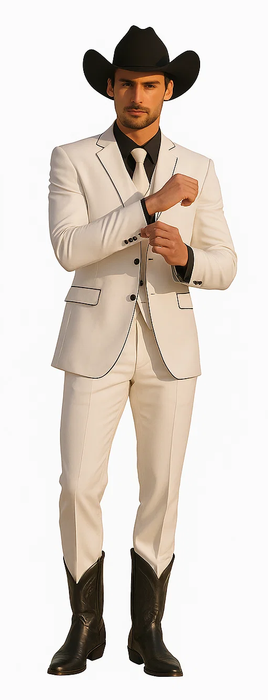 Black Lapel Two Toned Men'S 2 Buttons 3 Piece Church Suit White Tuxedo With Black Trim - Three Piece Suit