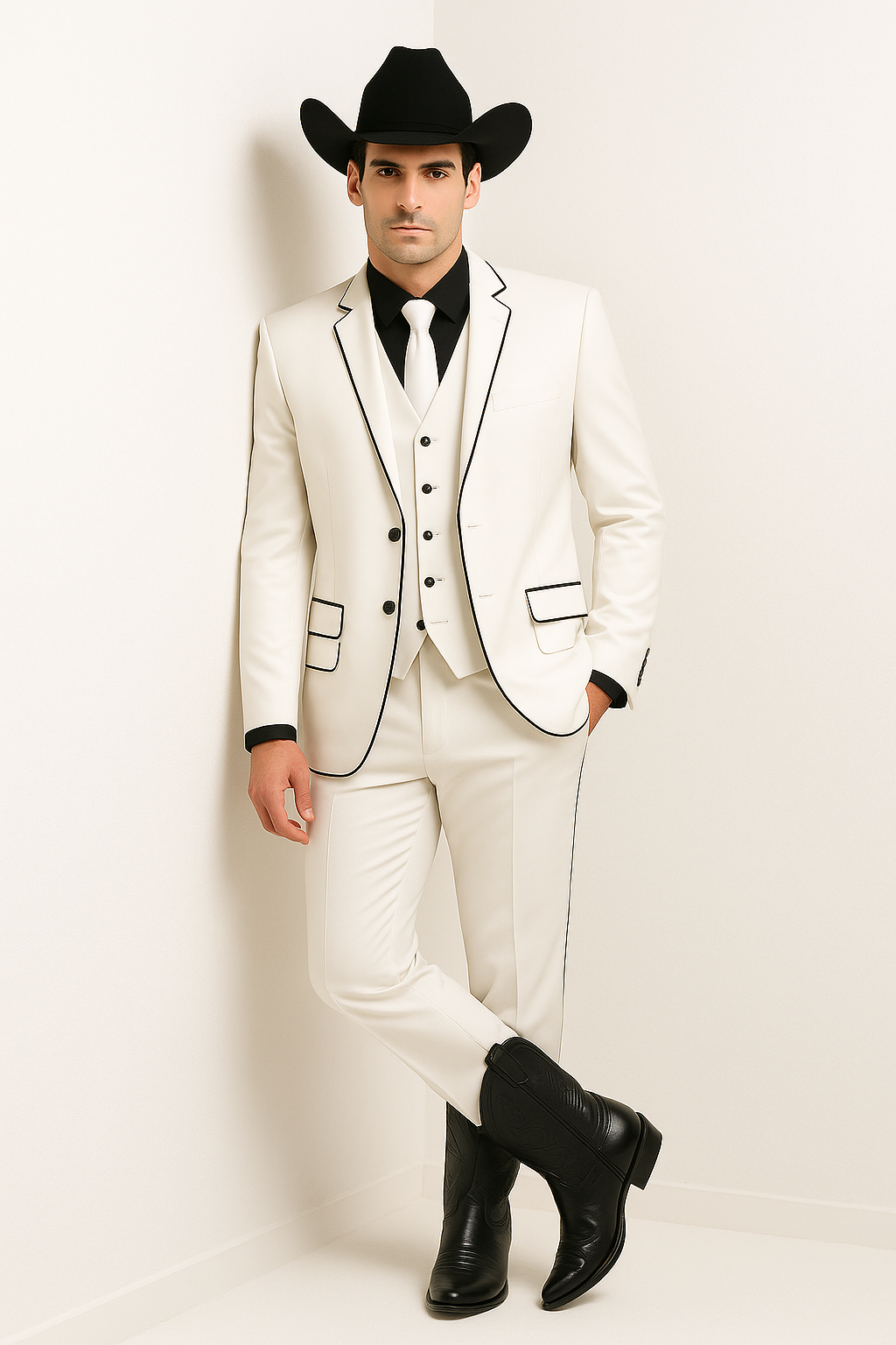 Black Lapel Two Toned Men'S 2 Buttons 3 Piece Church Suit White Tuxedo With Black Trim - Three Piece Suit - Image 3