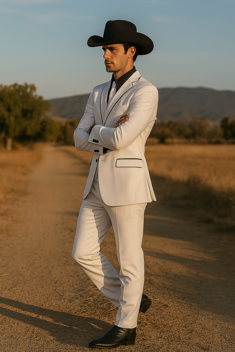 Black Lapel Two Toned Men'S 2 Buttons 3 Piece Church Suit White Tuxedo With Black Trim - Three Piece Suit